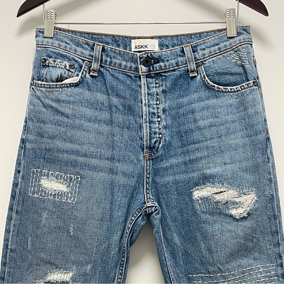 ASKK NY Straight Leg Distressed Embroidered Stitch Blue Jean Size 27 - Picture 3 of 16